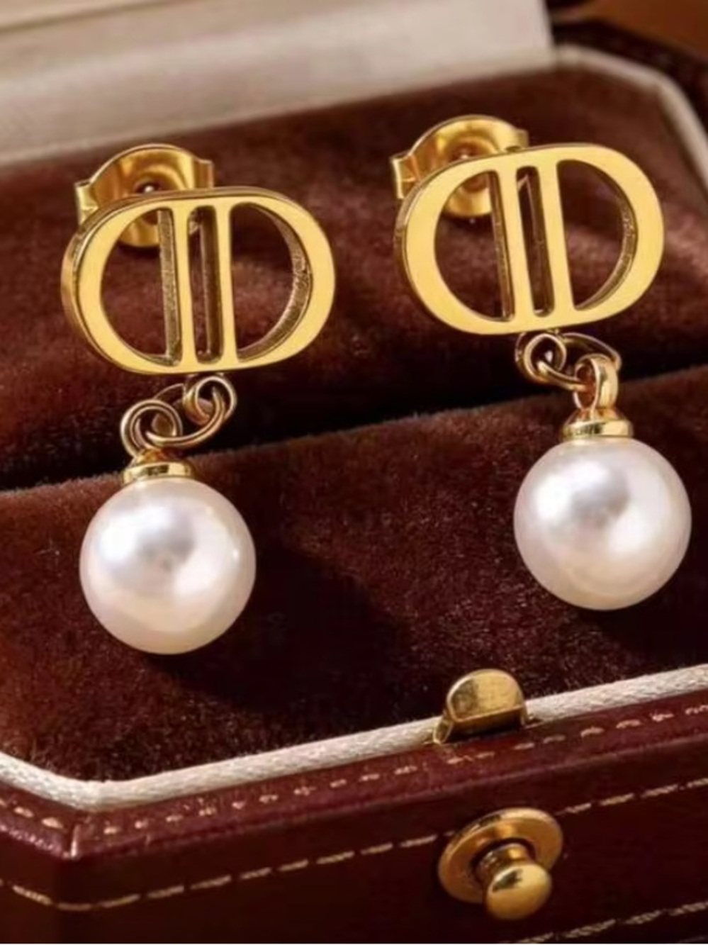 Gold-tone CD Pearl Drop Earrings